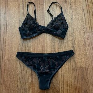 La Perla black and brown mesh embroidered bra top and panties set
